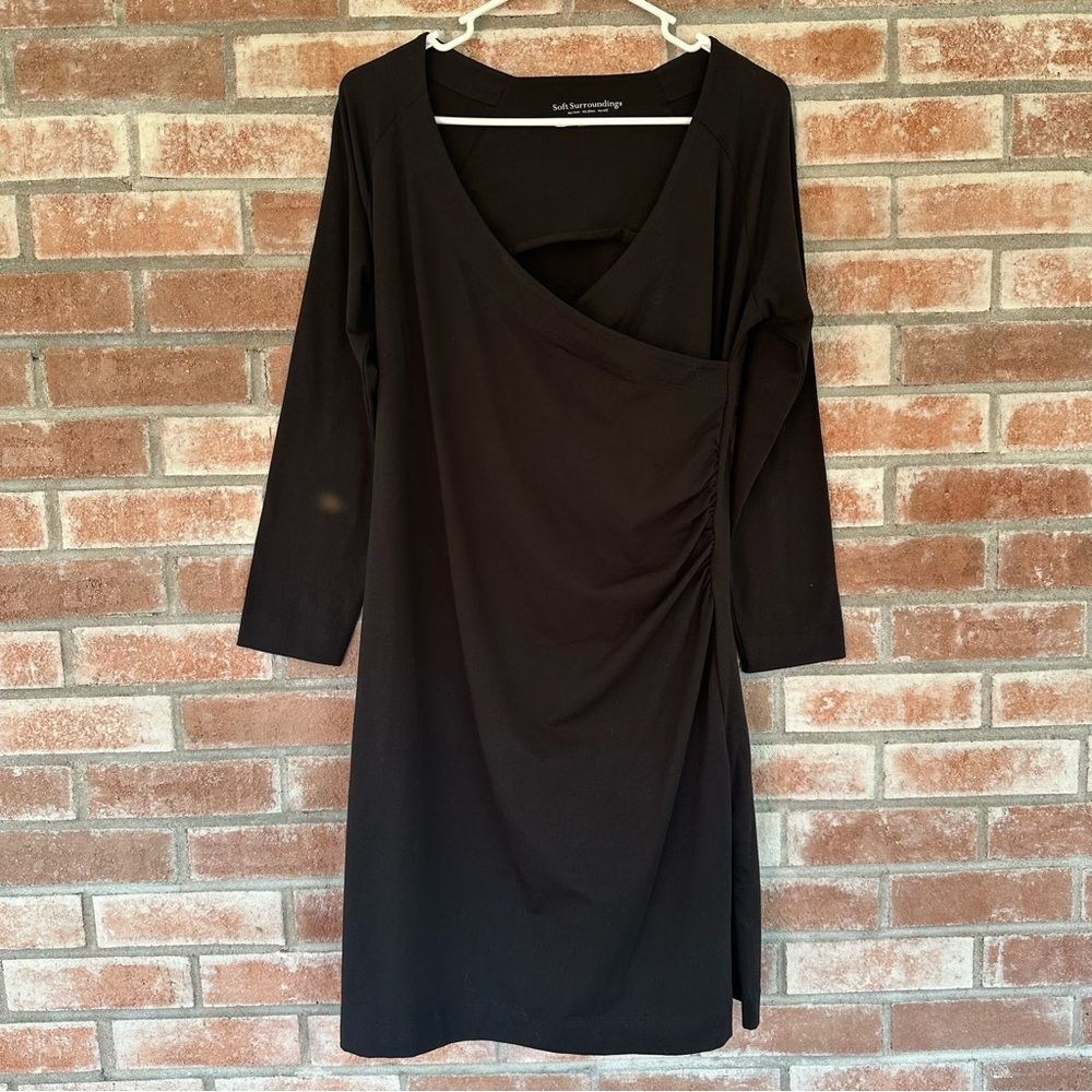 Soft Surroundings Faux Wrap Long Sleeve Midi Dress Women’s Medium Petite Black